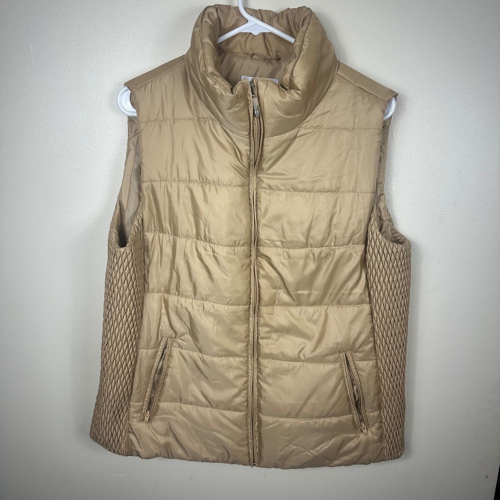 Liz Claiborne Vest Womens XL Tan Puffer Zip Quilted Outdoor Mock Neck Sleeveless
